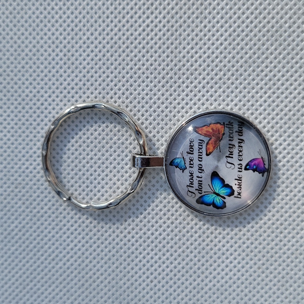 Butterflies Remembrance Keychain Silver Blue Orange – Domed Charm + Bag Ring New